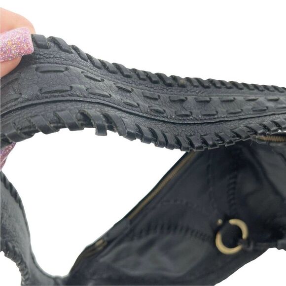 BCBGirls Black Leather Boho Southwestern Hobo Tassel Purse Whipstitch Handbag - Picture 7 of 9